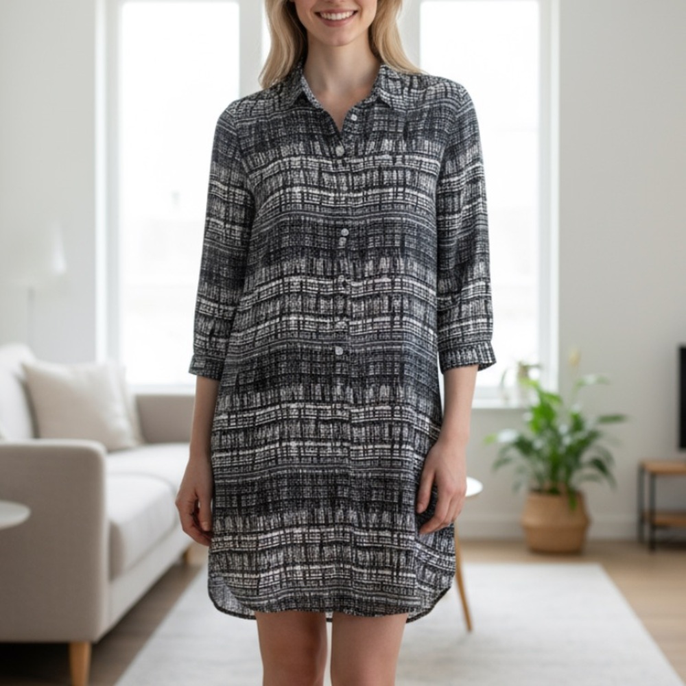 BROADWAY & BROOME 100% silk charcoal/cream abstract geometric shirt dress sz xs